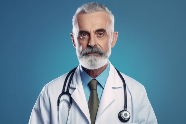 Mature senior doctor blue background Confident team work Generate Ai