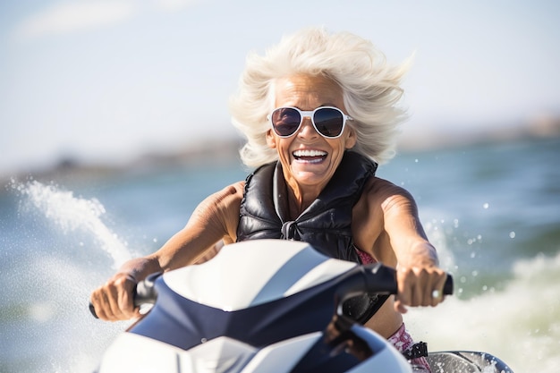 Mature senior female on jet ski Generative AI