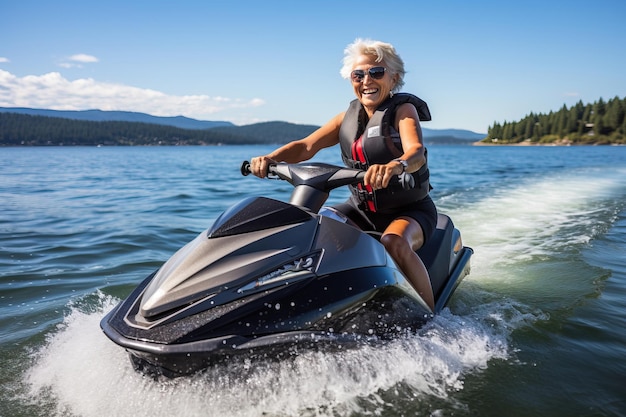 Foto donna anziana matura su moto d'acqua ia generativa