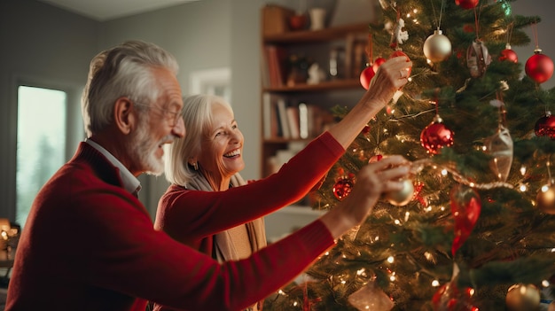 Mature senior happy couple decorating Christmas tree at homecelebrating winter holidays together