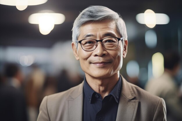 Mature smart asian businessman smiling face standing in blur background of busy office Generative AI AIG20