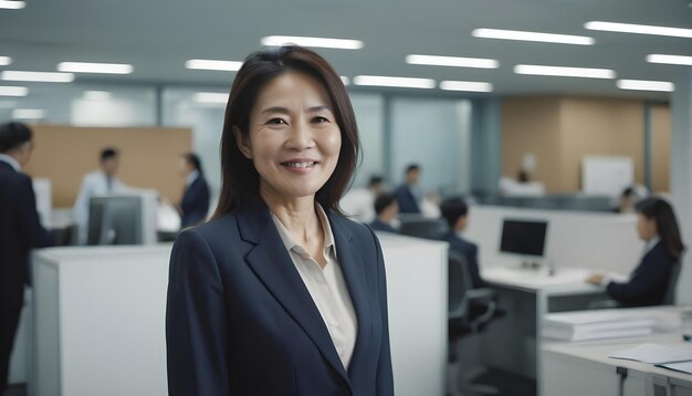 Photo mature smart asian businesswoman smiling face standing in blur background of busy office