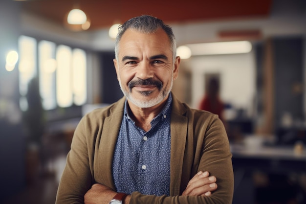 Mature smart hispanic businessman smiling face standing in blur background of creative colorful office interior design Generative AI AIG20