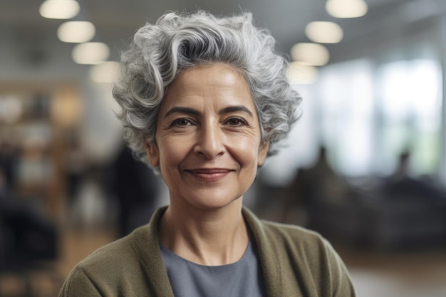 Зрелая умная латиноамериканская деловая женщина с улыбающимся лицом, стоящая на размытом фоне занятого офиса Generative AI AIG20