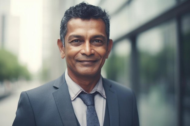 Foto maturo uomo d'affari indiano intelligente volto sorridente in piedi in sfocatura dello sfondo di un moderno edificio per uffici ia generativa aig20