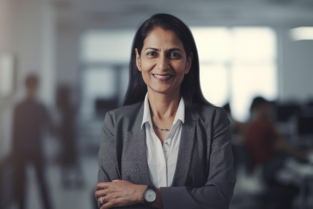 Mature smart indian businesswoman smiling face standing in blur background of busy office Generative AI AIG20