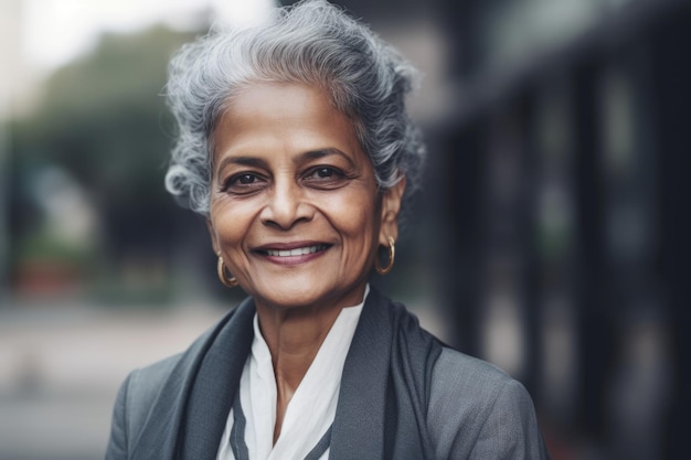 Зрелая умная индийская деловая женщина с улыбающимся лицом, стоящая на размытом фоне современного офисного здания Generative AI AIG20