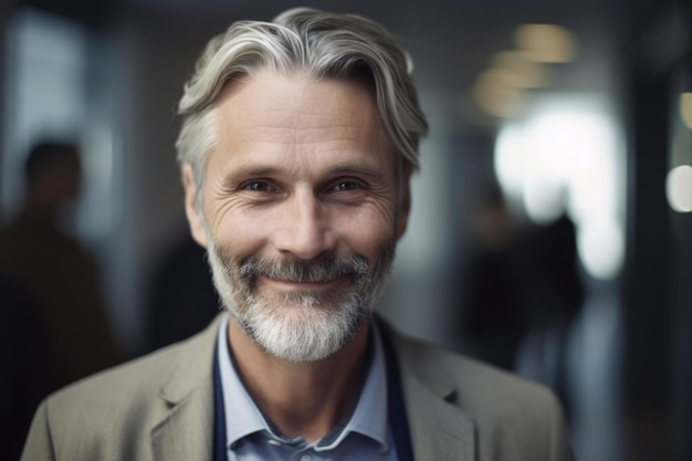 Photo mature smart swedish businessman smiling face standing in blur background of busy office generative ai aig20