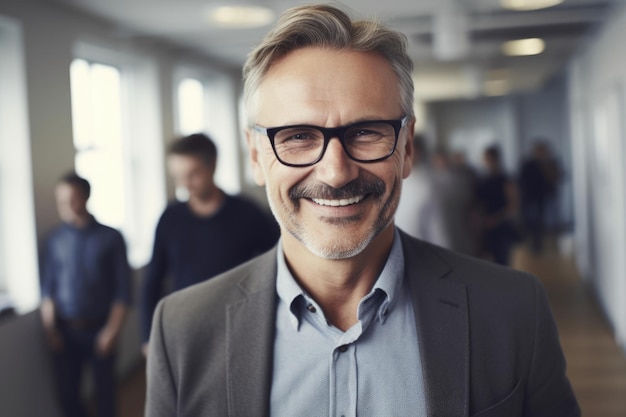 Mature smart swedish businessman smiling face standing in blur background of busy office Generative AI AIG20