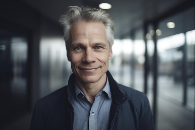 Mature smart swedish businessman smiling face standing in blur background of modern office building Generative AI AIG20