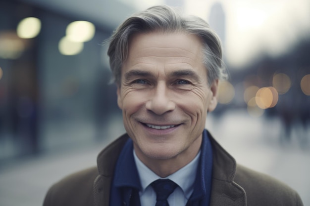 Зрелый умный шведский бизнесмен улыбающееся лицо, стоящее на размытом фоне современного офисного здания Generative AI AIG20