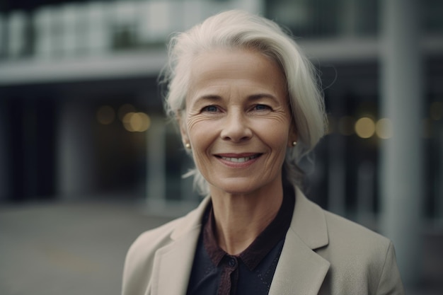 성숙한 스마트 스웨덴 여성 사업가가 현대적인 사무실 건물의 흐릿한 배경에 서 있는 웃는 얼굴 Generative AI AIG20
