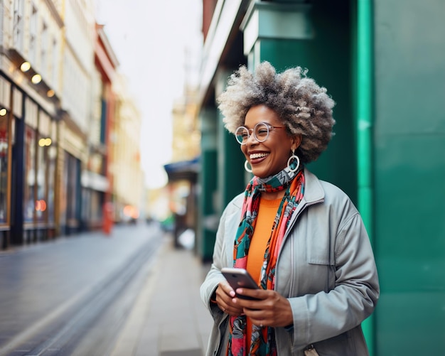 Mature smiling dark skinned woman at the street with smartphone in her hands