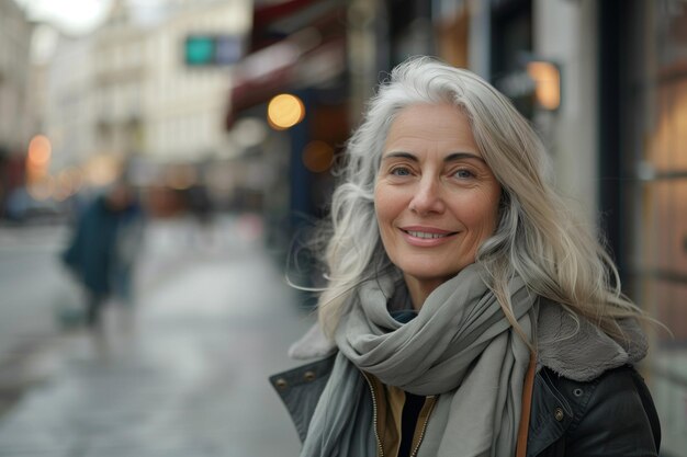 Mature WhiteHaired Woman Posing Beautifully in Casual Clothes