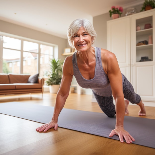 Photo mature woman doing stretching workout at home