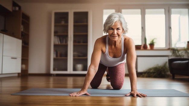 Photo mature woman doing stretching workout at home