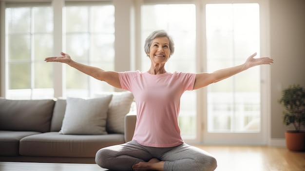 Photo mature woman doing yoga cheerful living room practice