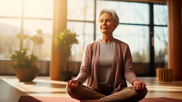 Mature woman doing yoga at home meditation concept