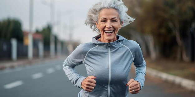 Mature Woman Embracing Traincore Joyful Run Down the Road