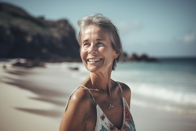 Лицо зрелой женщины на пляже Улыбка тропическая Generate Ai