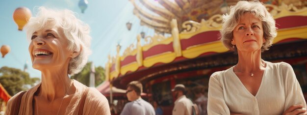 Photo mature woman having fun in an amusement park with copy space generative ai