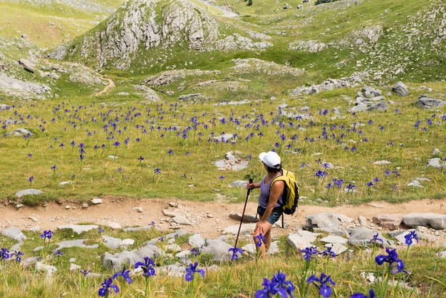 Mature woman hiking in the Pyrenees mountains