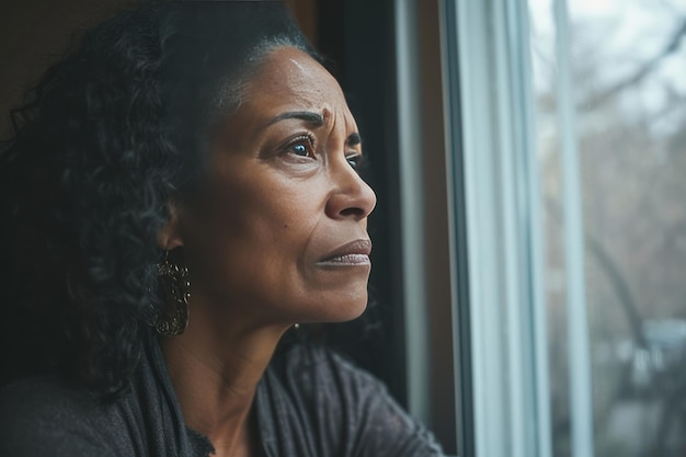 Mature Woman of Mixed Race Looking Outside a Large Window Her Expression Reflecting Sadness