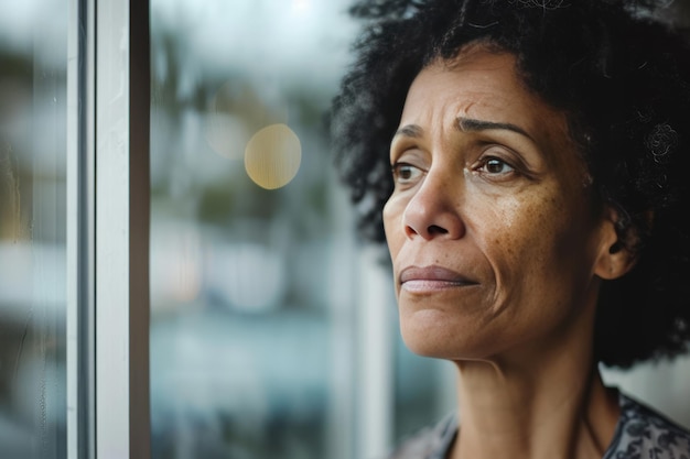 Mature Woman of Mixed Race Looking Outside a Large Window Her Expression Reflecting Sadness