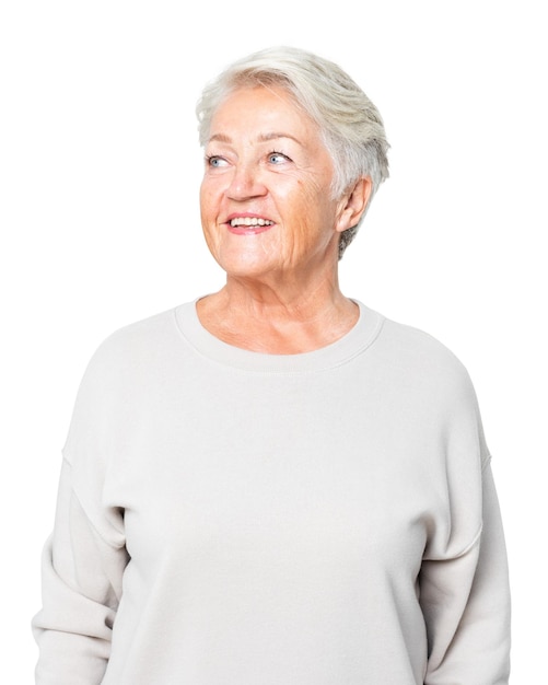mature woman mockup png in gray sweater senior unisex casual apparel close up