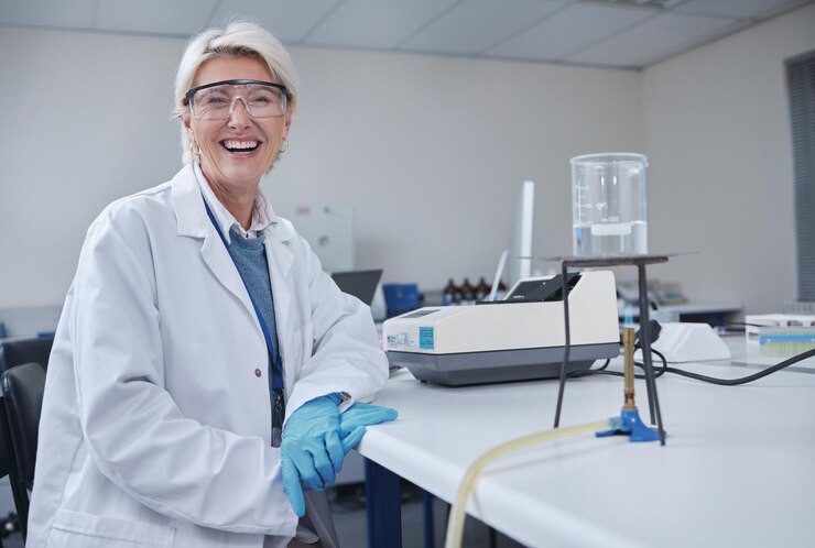 Photo mature woman portrait or laboratory glass in science research future dna engineering or bacteria analytics on fire happy smile or scientist equipment in healthcare pharmacy test or medical study