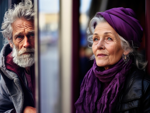 Mature Woman in Purple and Confident Man in the Spotlight