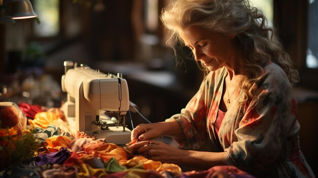 Photo mature woman seamstress working at home