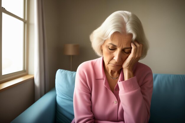 Фото Зрелая женщина сидит на диване и чувствует себя грустной и одинокой