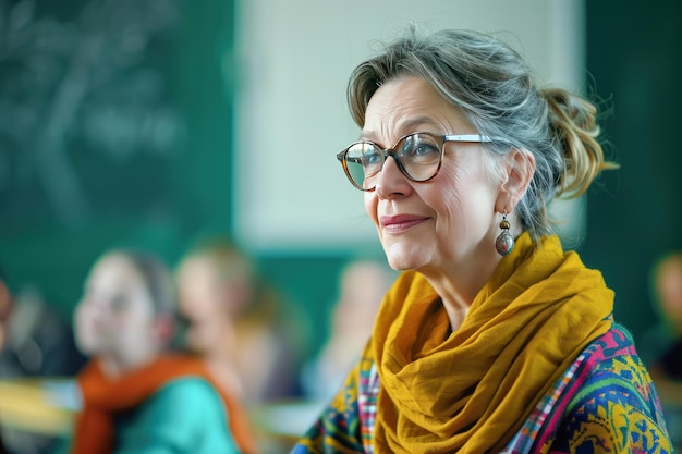 Photo mature woman teacher lecturer or student wearing glasses at work desk in classroom