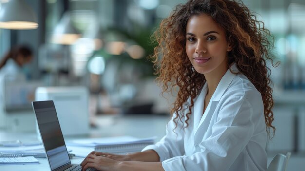 Mature Woman Therapist Engaged in Laptop Work at Desk