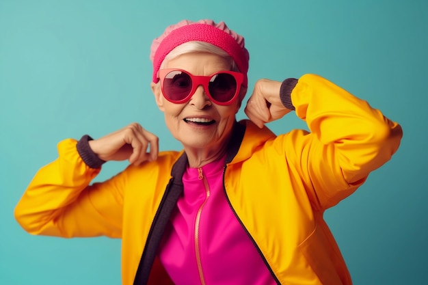 Зрелая женщина в солнцезащитных очках в спортивном костюме и повязке на голове Красочный и плоский синий фон
