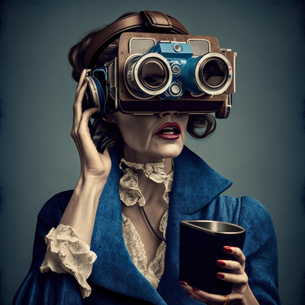 Mature woman wearing virtual reality goggles Generative AI