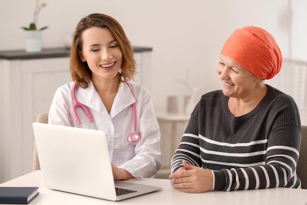 Mature woman with cancer visiting doctor in hospital