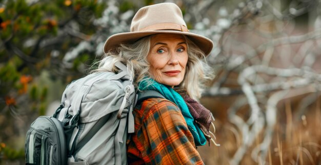 Mature woman with hat backpacking in a mountainous region