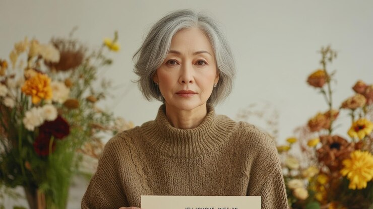 갈색 스웨터 를 입은 짧은 회색 머리카락 을 가진 성숙 한 여자 는 꽃 의 배경 에 아시아어 캘리그라피 가 새겨진  종이 를 들고 있다