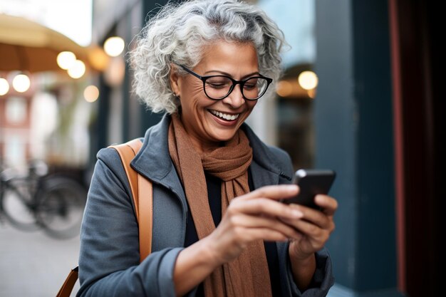 Photo mature woman with smartphone