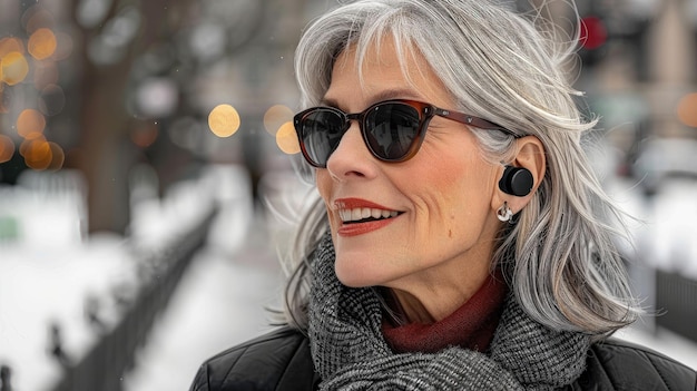 Mature woman with sunglasses and earbuds enjoying a winter cityscape