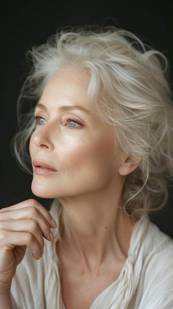 Mature Woman With White Hair and White Shirt