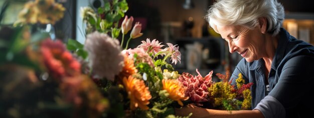 Foto donna matura che lavora in un negozio di fiori