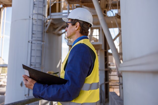 Matured man with documents working outdoors at factory