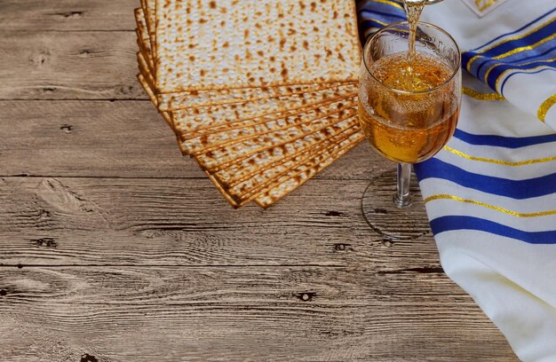 Matza bread for passover celebration and wine passover matzo