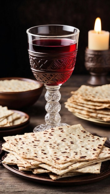 matzah close-up en beker pascha wijn op de houten tafel joodse feestdag pascha