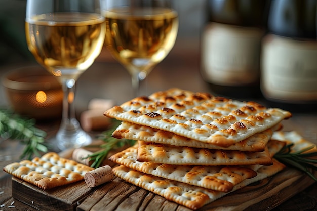 Matzah or matzo and wine on a festive table presented as a Passover seder meal