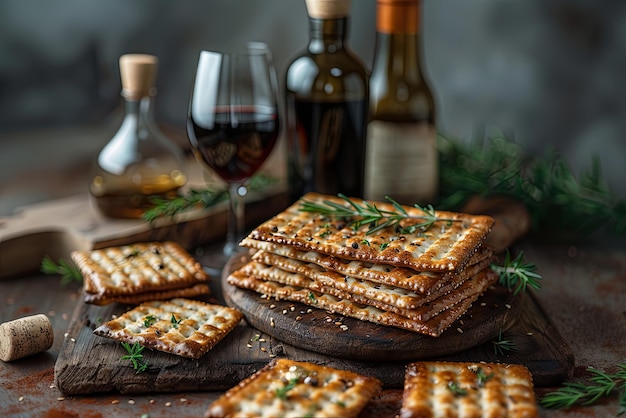 Matzah or matzo and wine on a festive table presented as a Passover seder meal