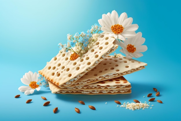 Matzah and spring flowers on blue background perfect for Pesah celebration concept